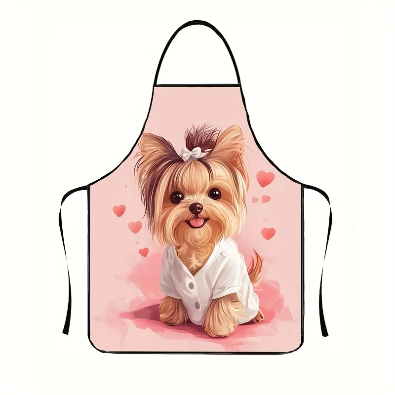 1pc Cute Pink Yorkshire Terrier Kitchen Apron - Adorable Cartoon Dog Design with Hearts Durable Polyester