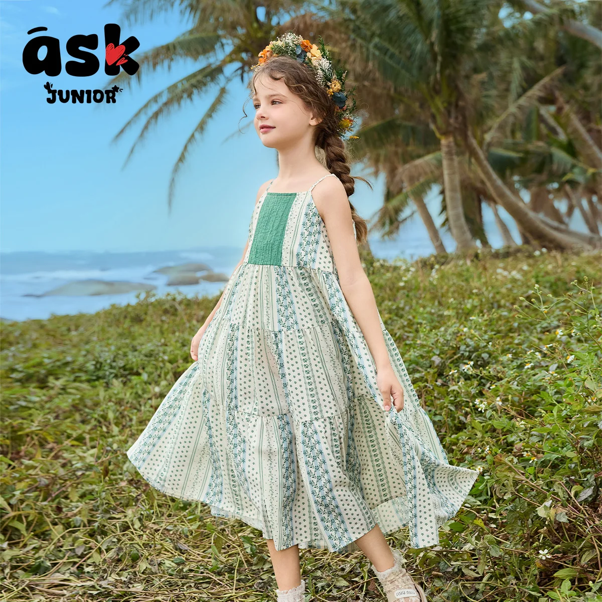 فستان بحمالات صيفي للفتيات الصغيرات الصغار بطباعة شبكية بألوان متباينة #2