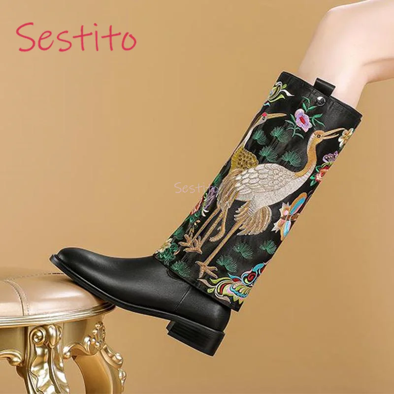

Full Leather High Tube Embroidered Boots for Autumn and Winter New Chinese Style Women's Boots Retro Genuine Leather Shoes
