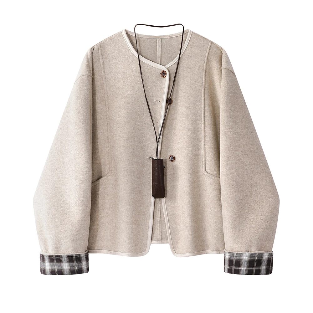 

Women’s Short Coat Thick Warm Plaid Patchwork Loose Fit Winter Jacket, Casual Lapel-Free Soft Fleece Outerwear for Fall Winter