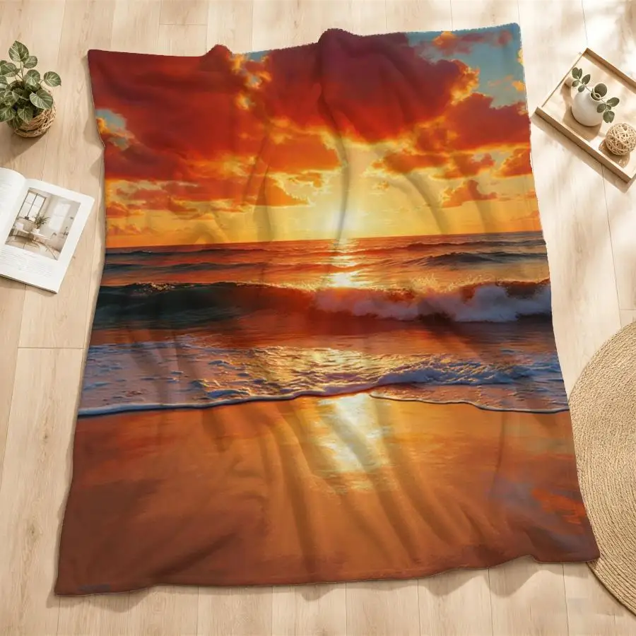 Vibrant Sunset Ocean Weighted Blanket - Soft Flannel Seascape Throw Suitable for Couch, Bed, Travel | Machine Washable Warm Bedspread with Fiery Sky & Golden Waves, - Cozy Gift for,, Home Decor (Multi-Color), 2D Flat