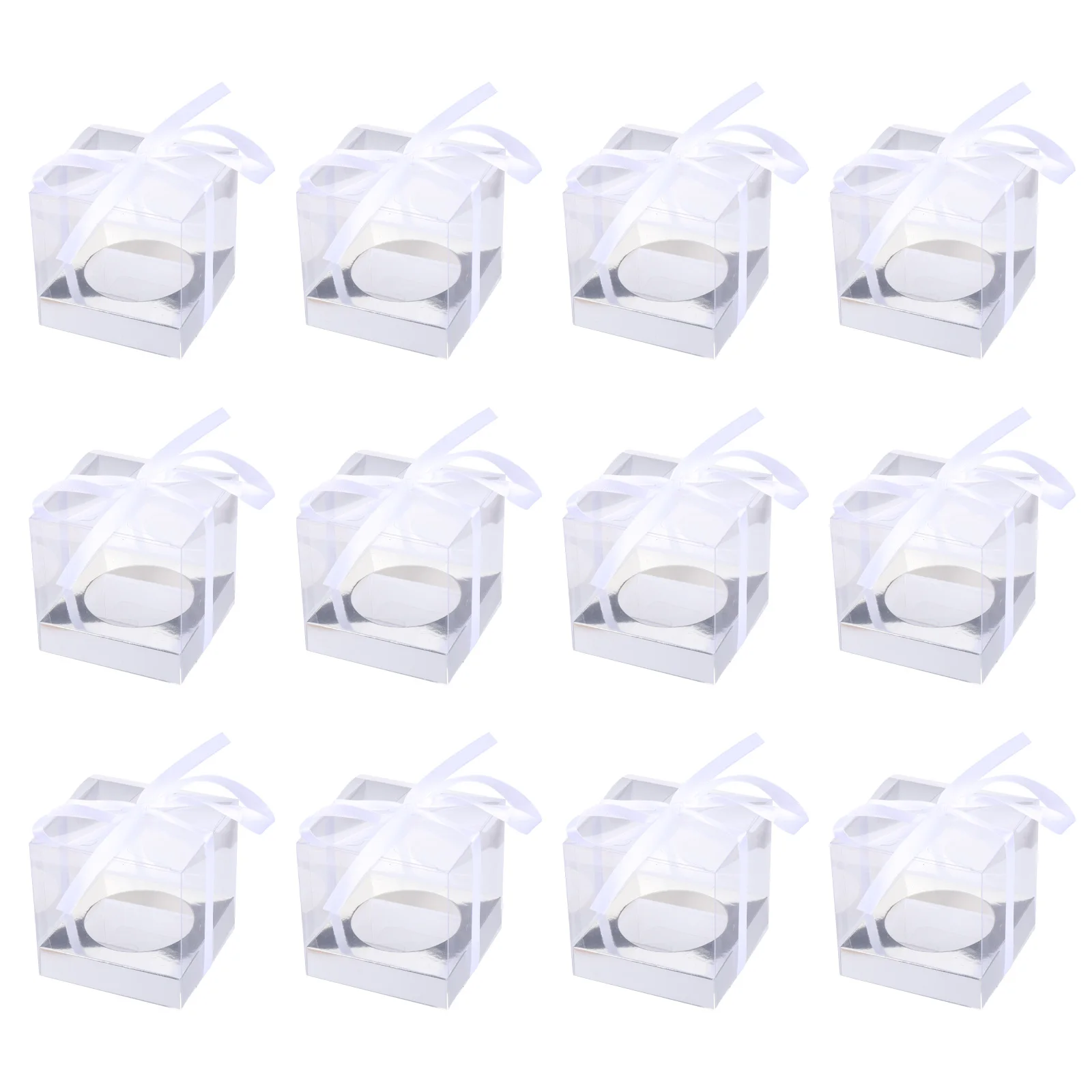 

12pcs PVC Cake Boxes 9x9x9cm Silver with Ribbon Transparent Food Packaging Bakery Display Suitable for Shops Home Use