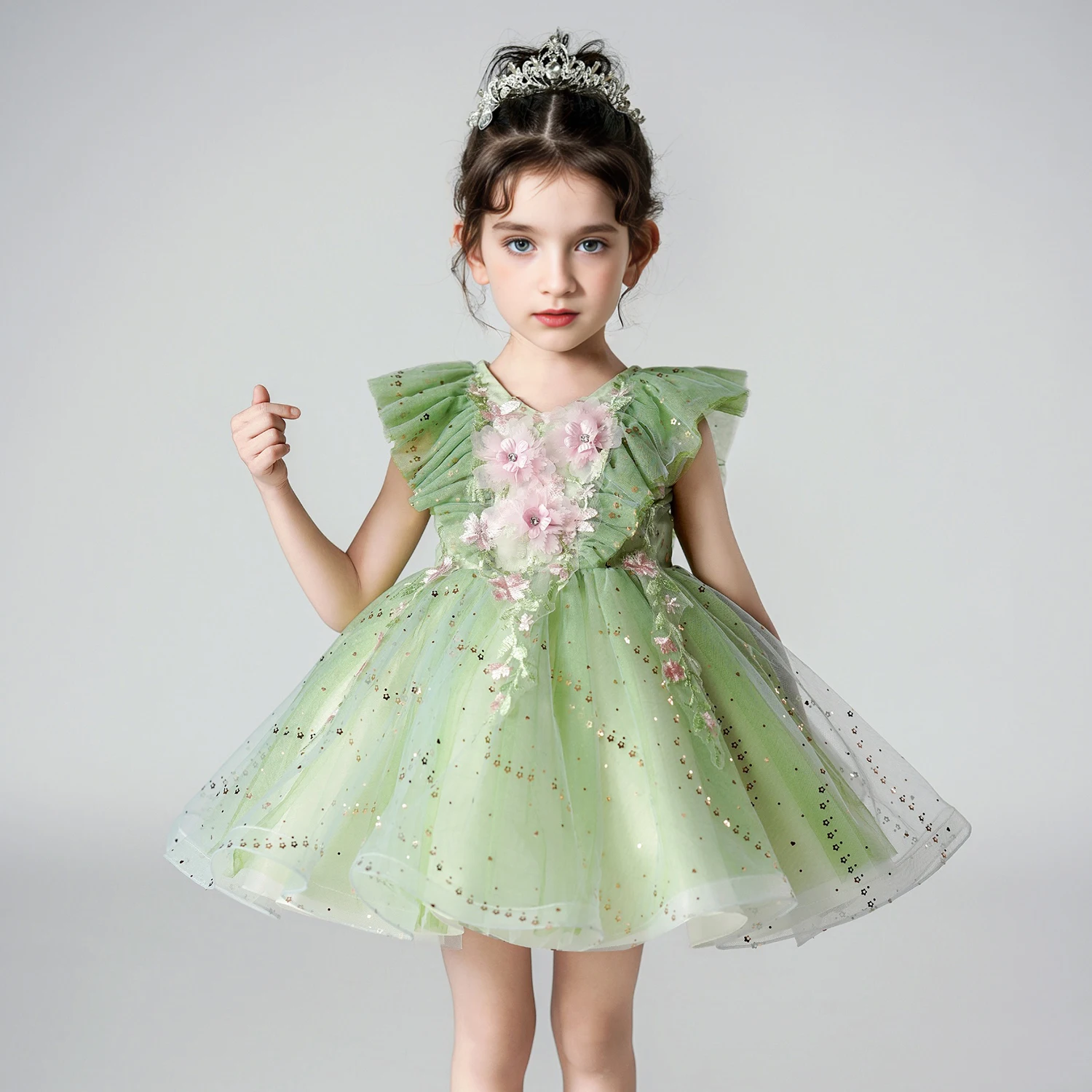 Fly Sleeve Wedding Birthday Green Dresses For Girls 2-8 Years Party Lace Tutu Christening Gown Kids Children Pageant Clothes