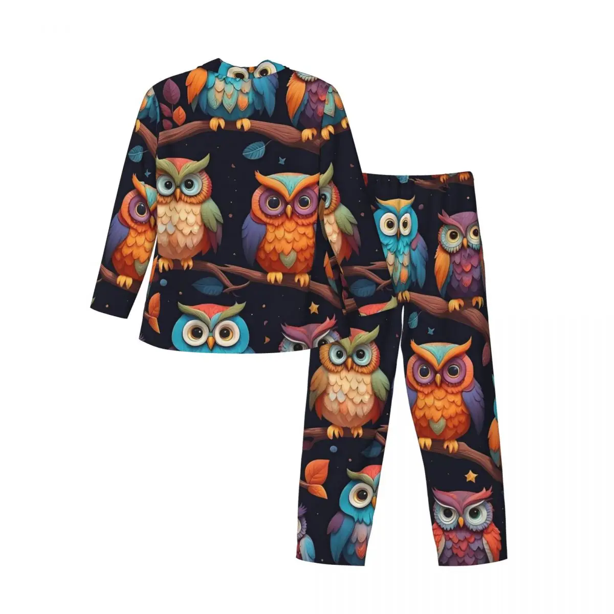 Leuke gewaagde uilpatroon pyjama heren Kawaii dagelijkse nachtkleding herfst 2-delige casual oversized grafische pyjamasets