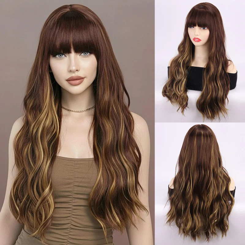 European and American style fashionable women's wig with large waves, brown blonde highlights, ladies' headpiece, high-temperatu