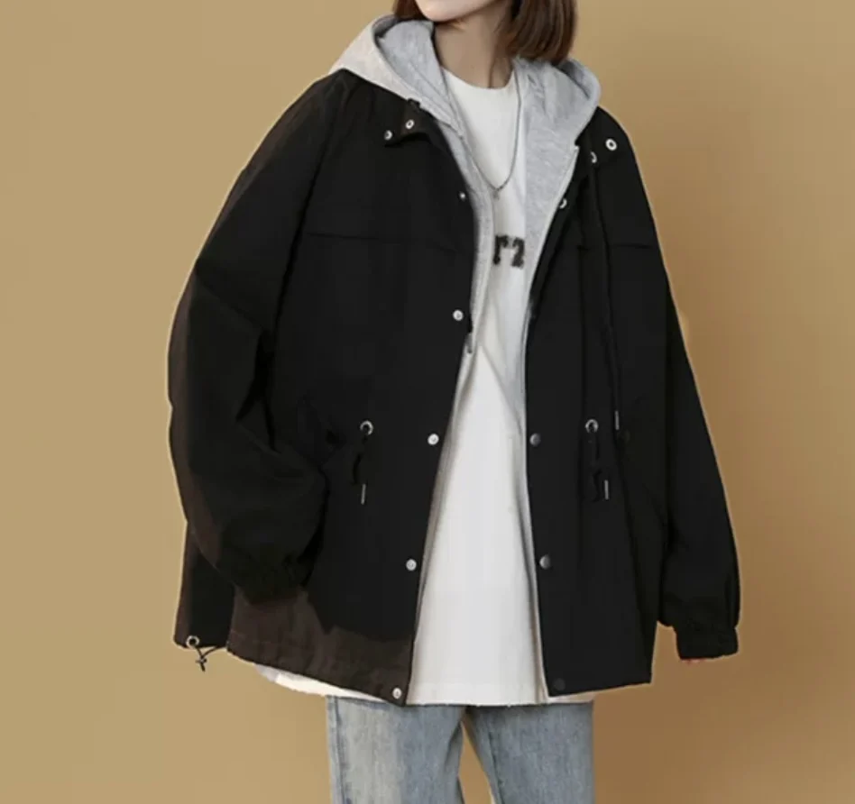 Spliced baseball jacket large size spring and autumn hooded pure cotton Korean version loose street style