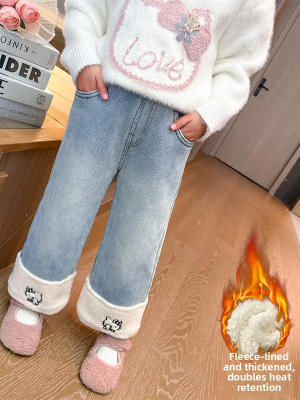 

Warm Cute Print Fce Lined Denim Pants Winter Sle Girls High Waist Straight Leg Trousers Faionable Baby Girls Long ...