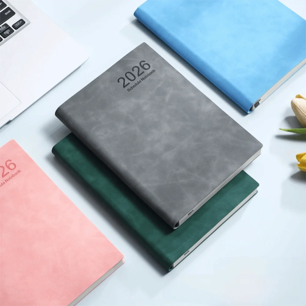 A5 2026 365-Day Schedule Notebook with Ribbon Bookmark PU Leather Cover Schedule Planner Notepad Thick Paper