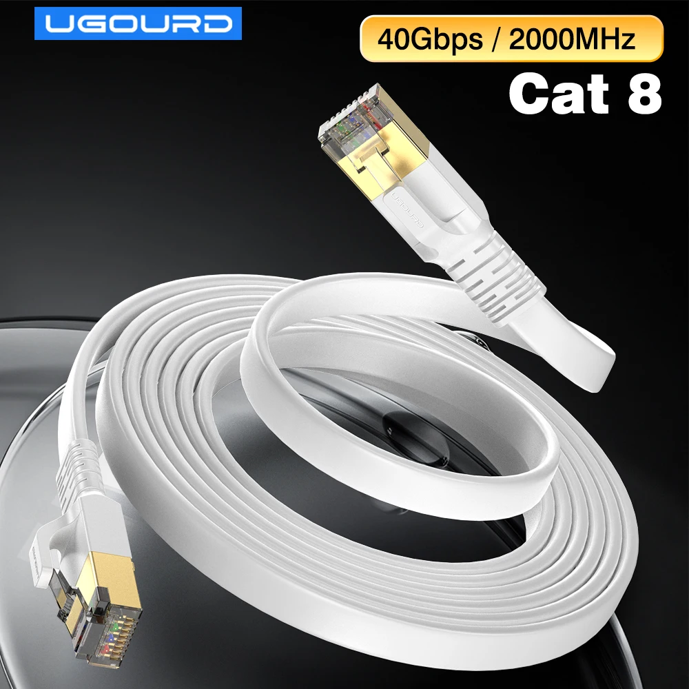 New White Cat8 Ethernet Cable 40Gbps Cat 8 Flat RJ45 Shielded Network LAN Category 8 Cable Pure Copper High Speed Internet Cord