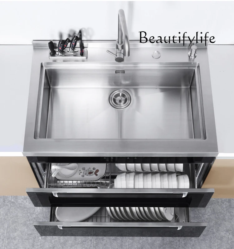 Integrated sink, kitchen integrated cabinet, disinfection cabinet with basket brushed 304 sink single and double slots