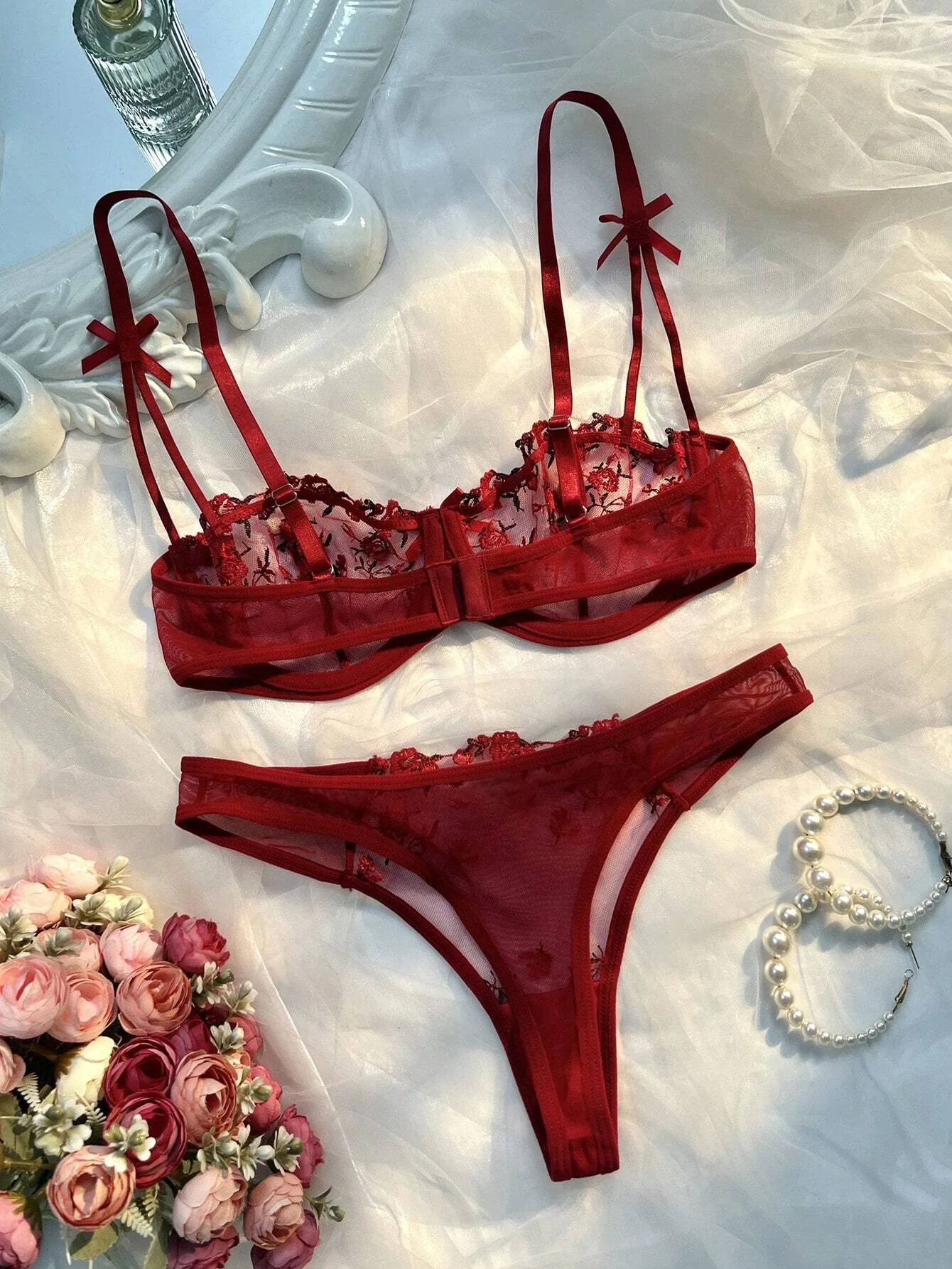 New Wine See Trough Lingerie Two Piece Set Thong Women Intimates Push Up Bras Everyday Embroidery Printing Bowknot Underwear image 4