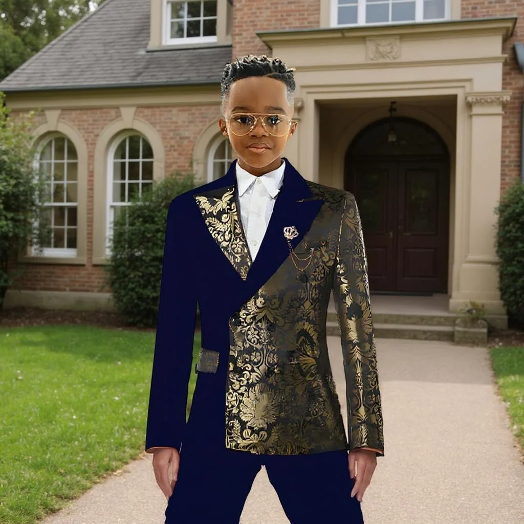 Floral Boys Suits Double Breasted Jacquard Stitching Wedding Tuxedo Slim Fit Tailored Suit 2 Pieces Party Graduation Ceremony