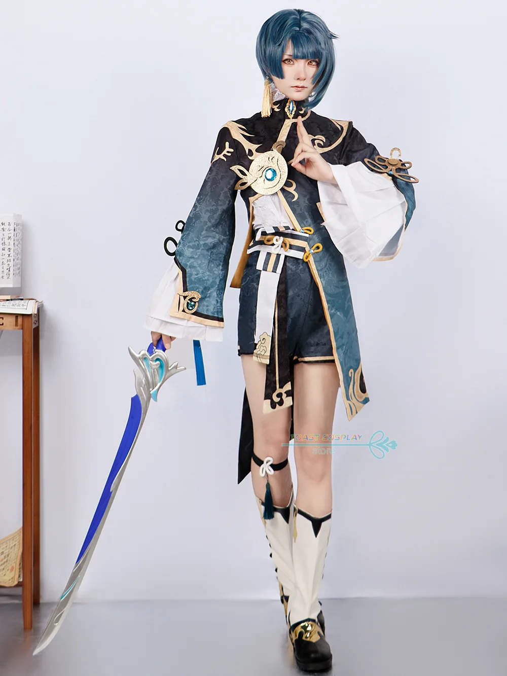 Xingqiu-genimpact shinxingqiuのコスプレ衣装,かつらと靴,完全なアニメのコスプレ衣装,パーティースーツ,子供向け