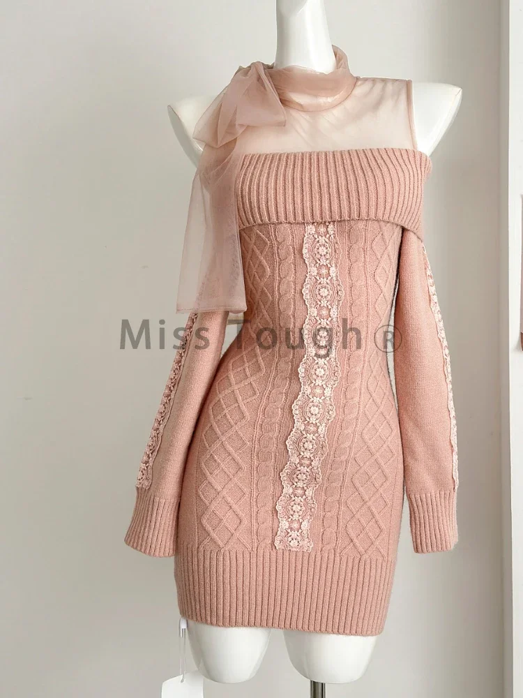 Autumn Winter Sweet Slim Long Sleeve Dress Women France Design Skinny Knitting Dresses Female Warm Chic Solid Off Shoulder Dress