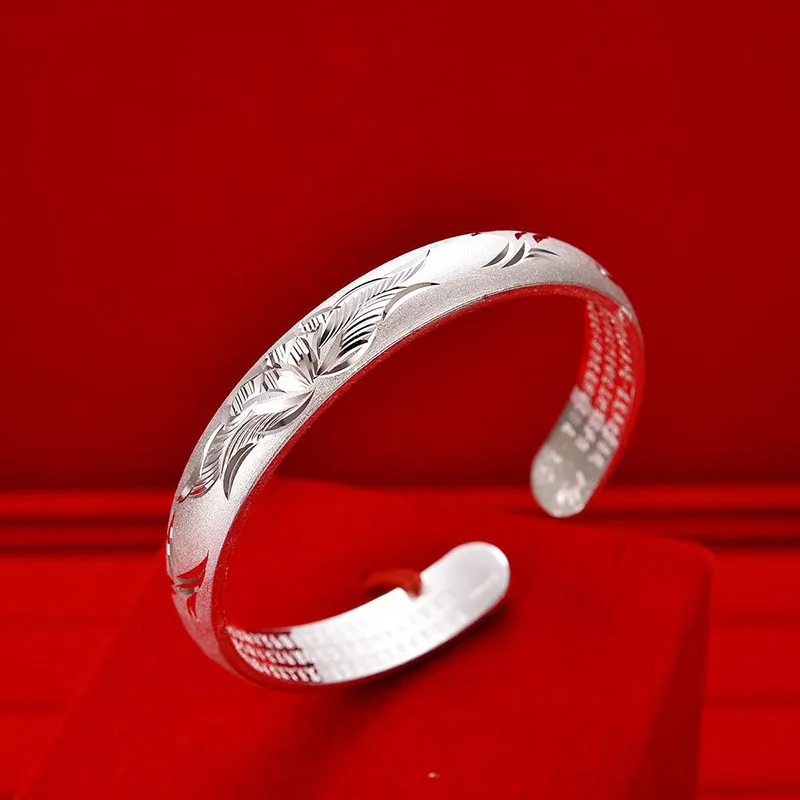 

925 Silver Creative Matte dazzling Carving Lotus flower Bracelet Open glossy Heart Sutra bangles Wedding Jewelry