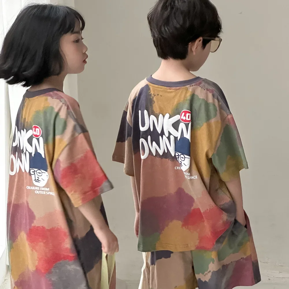 

2024 Summer sibling clothes colorful graffiti letters outfit Boys half sleeve Tee And shorts 2pcs set Girls loose casual dress