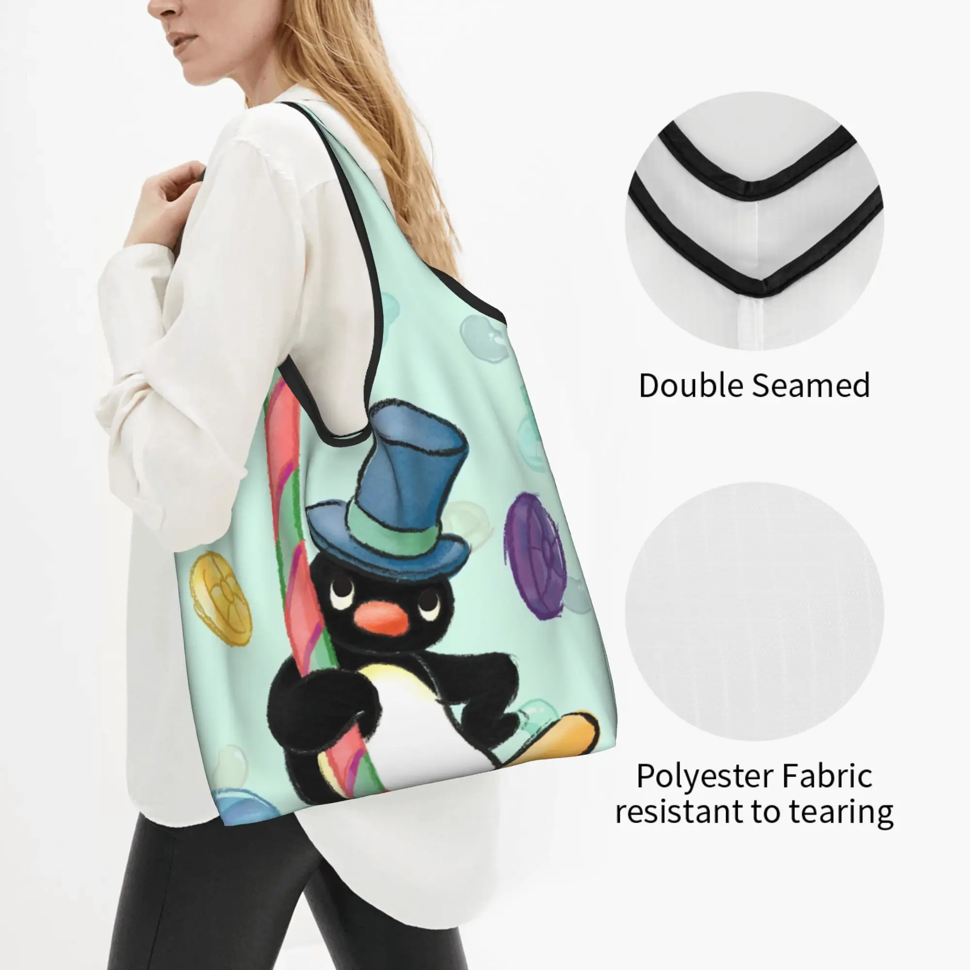 Custom Penguin Cartoon Manga Shopping Bags Women Portable Large Capacity Grocery Japan Shopper Tote Bags