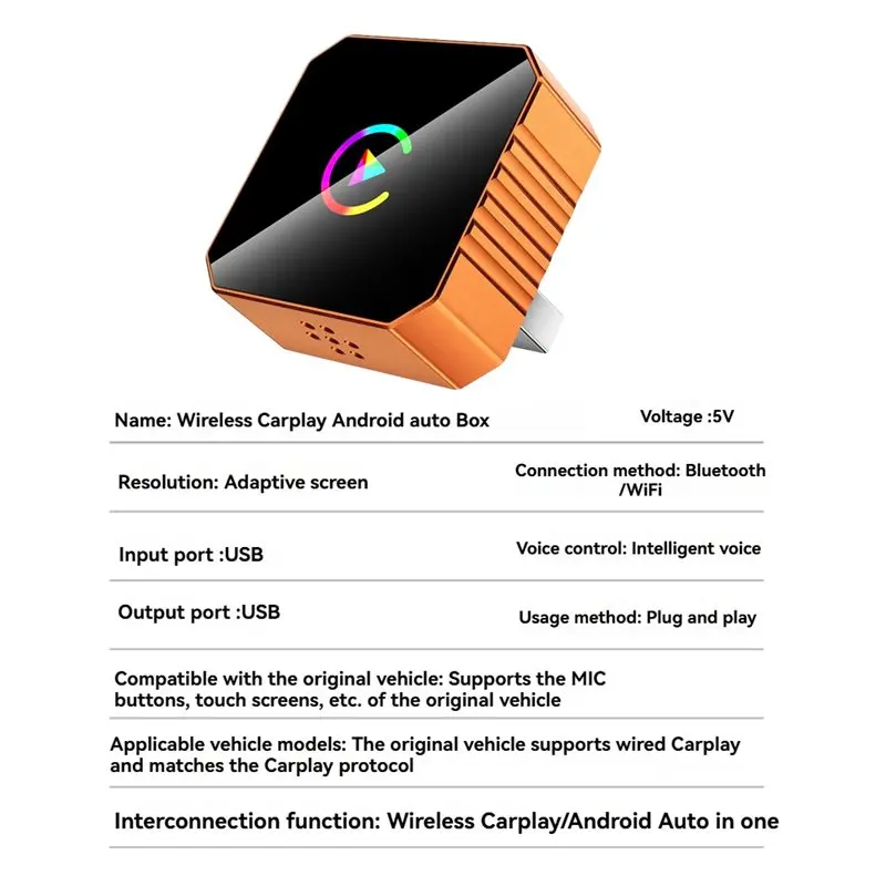 AA60-2In1 Wireless Carplay Adapter Android AUTO Smart AI Box Wifi & Bluetooth5.0+Voice Control Wired To Wireless Carplay