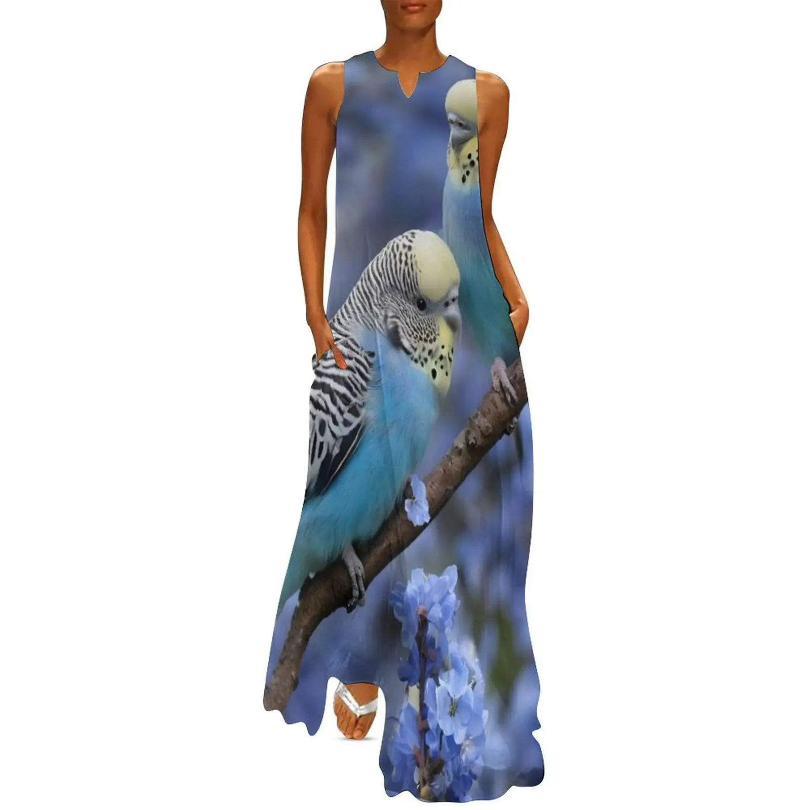 Tranquil Harmony: Blue and Yellow Budgies in a Blue Blossom Tree Long Dress womens dress summer clothes for women