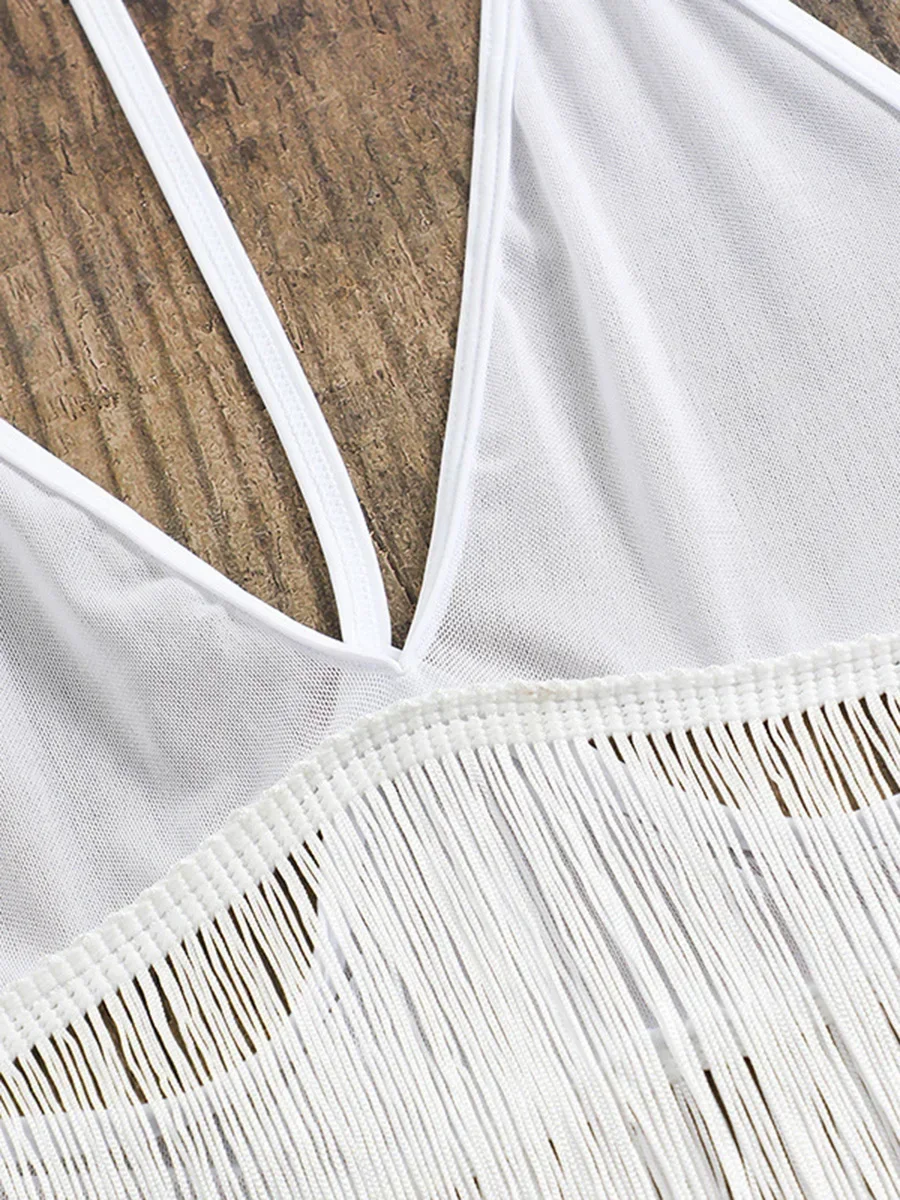 เซ็กซี่ Fringe พู่ V คอโครเชต์ถักเสื้อชายหาดว่ายน้ํา COVER-UPS ชุดชายหาดชายหาดสวมชุดว่ายน้ําสําหรับสตรี