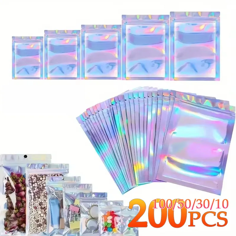 10-200PCS Laser Ziplock Bags Resealable Plastic Pouches for Earrings Necklace Cell Phone Cases Cosmetic Gift Packaging