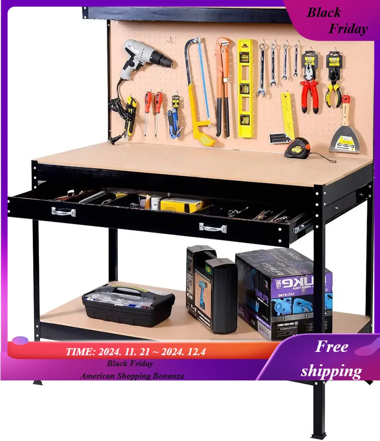 Heavy Duty Steel Adjustable Work Bench Multifunction Workbench with Drawer,Pegboard  Capacity Woodworking