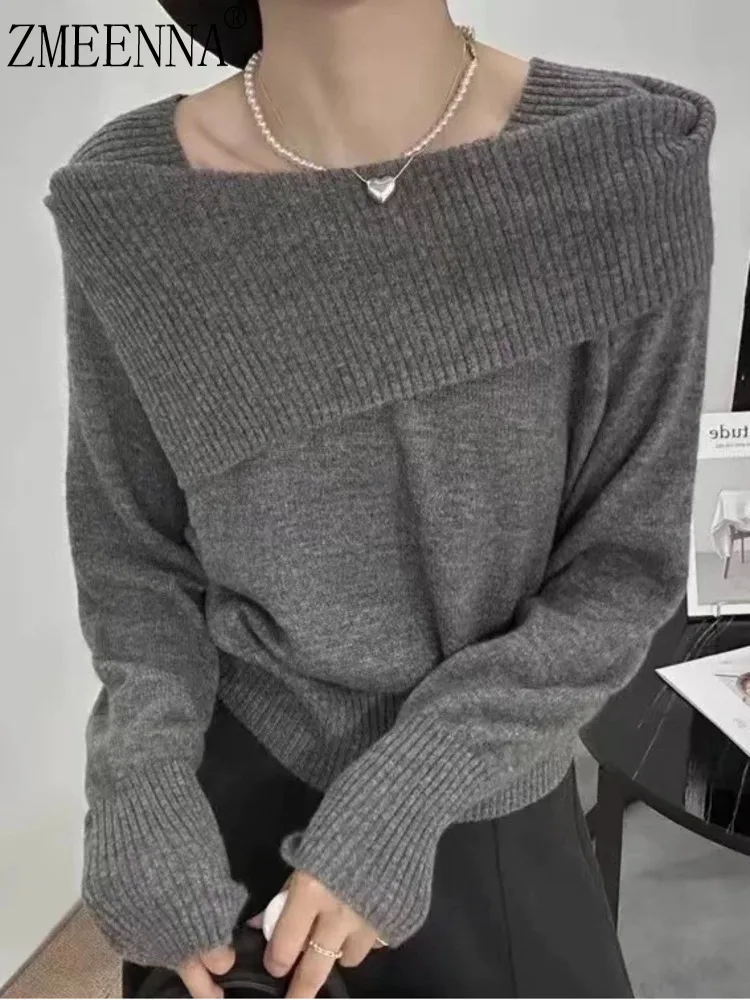 

ZMEENNA женский шикарный серый вязаный свитер в рубчик с открытыми плечами, асимметричный пуловер с капюшоном и длинными рукавами ZM3683