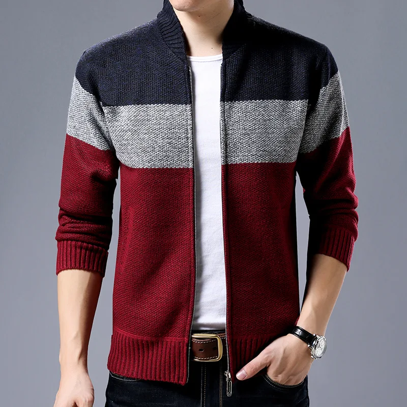 

Men's long sleeve stand collar matching color striped thick cardigan sweater trend young men's individual knitwear