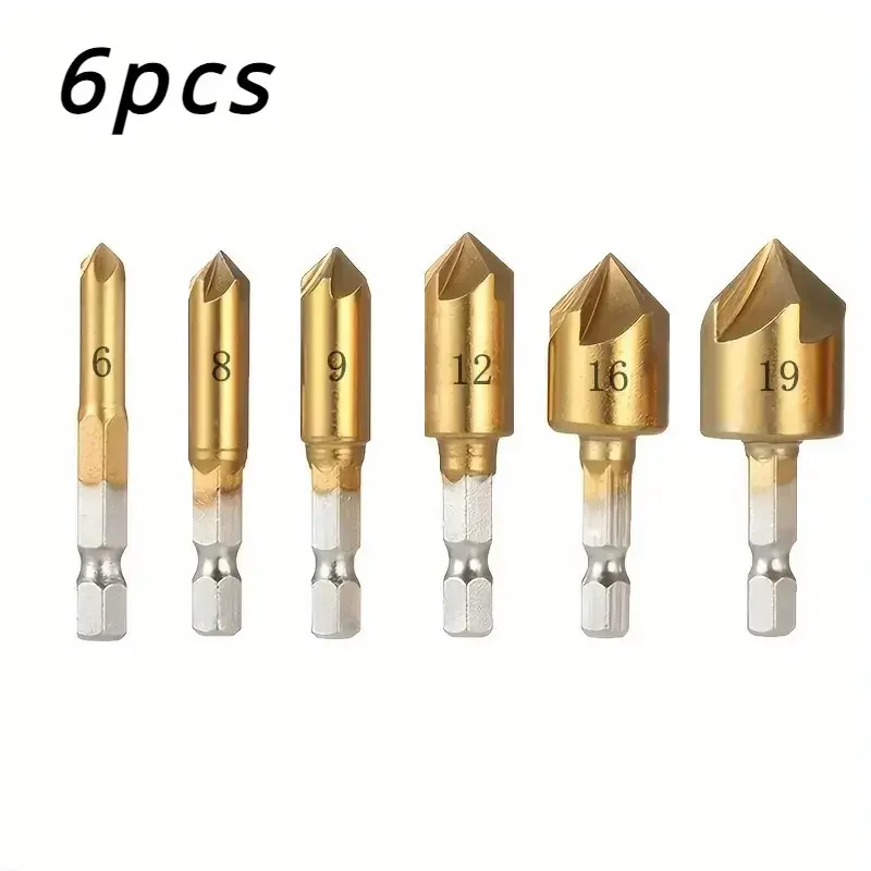 6PC Hexagonal Shank Titanium Plated 5-Edge Chamfering Cutter Countersinking Drill 6-19mm Woodworking Facing Tool Set