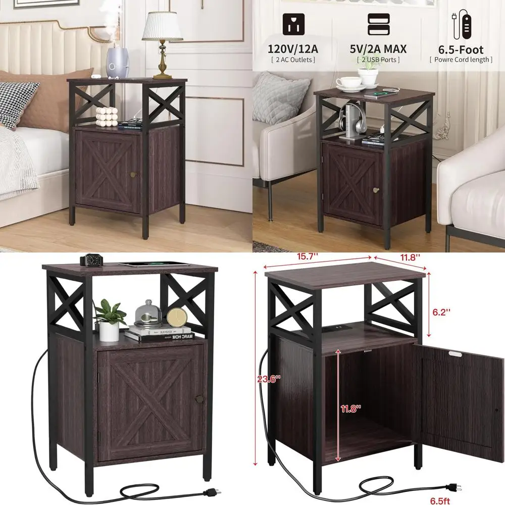 

Прикроватная тумбочка с зарядной станцией, двухуровневым хранилищем и розеткой для спальни, гостиной и офиса, цвет: вишнево-красный