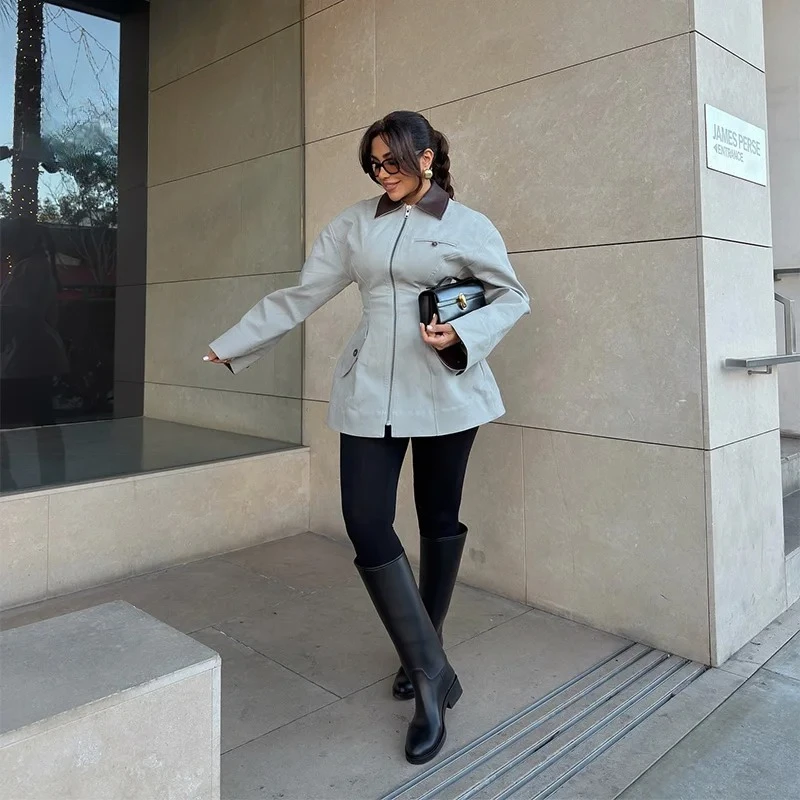 2026 Spring/Autumn New Women's Simple and Versatile Personalized Street Style Flip Collar Waist Short Zipper Fashion Jacket