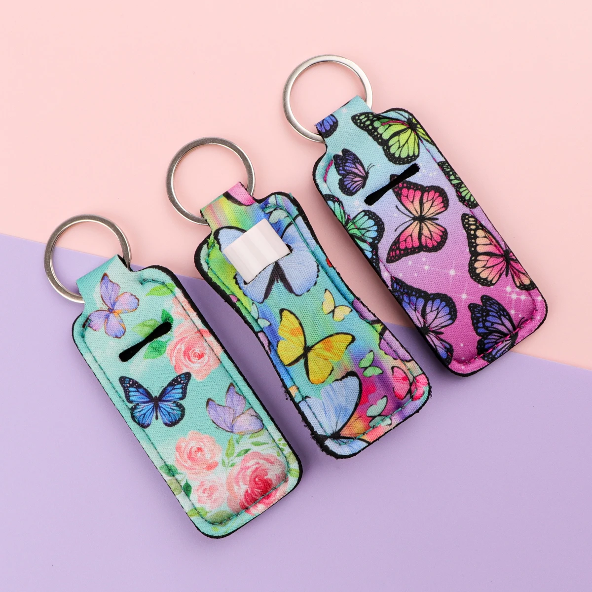 Colourful ButterfliesClip on Lipstick Holder Keychain Case Small Portable Keyring Strap Fashion KeyChain Bag Travel Accessories