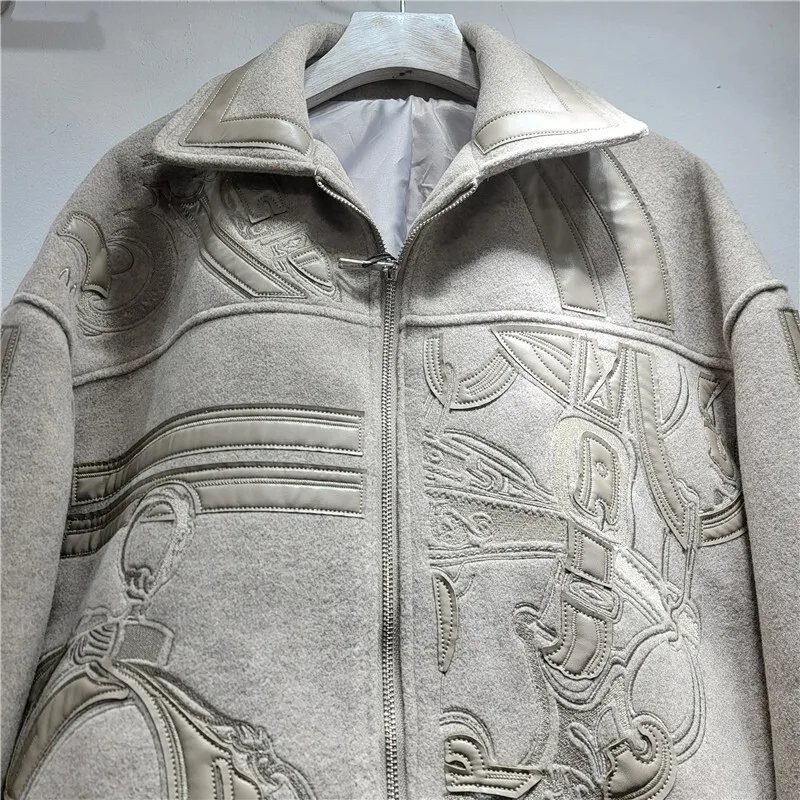 HKSH خريف شتاء جديد إمرأة قصير سترة صوفية الثقيلة التطريز المرقعة التباين اللون سستة الشارع الشهير معطف عصري HK12891 #6