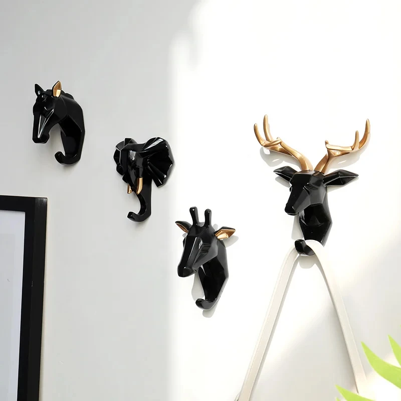 1pc Black Resin Cute Animals Wall Hook for Key Hat Hanger Wall Decor Deer Figurine decorative Hooks for Towel Kitchen Key Holder