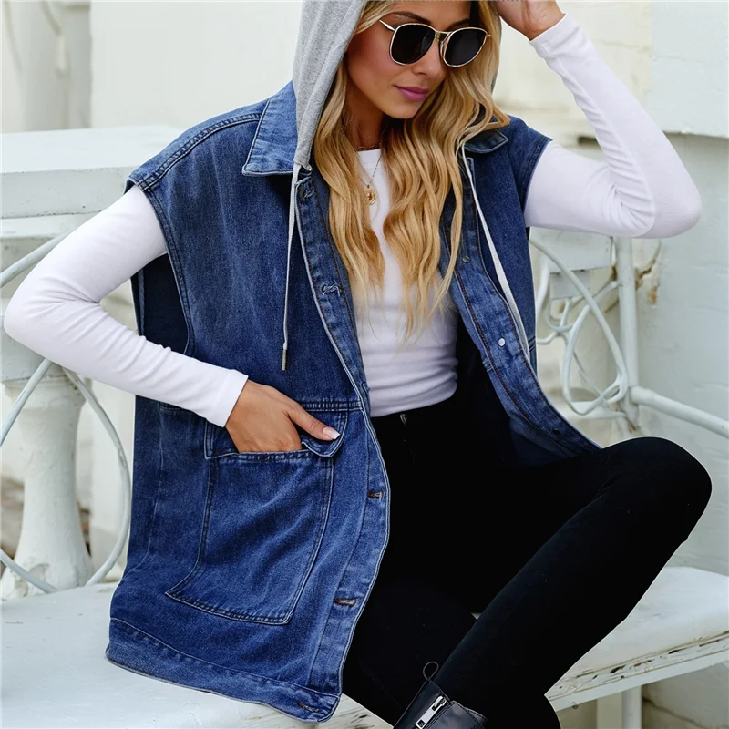 

ASDS-Women's Sleeveless Denim Vest With Removable Hoodie