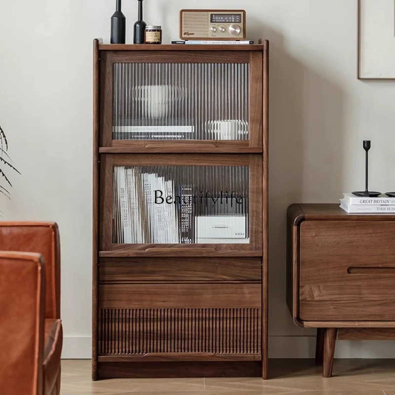 

2Black walnut solid wood bookcase dining side cabinet glass door display cabinet living room