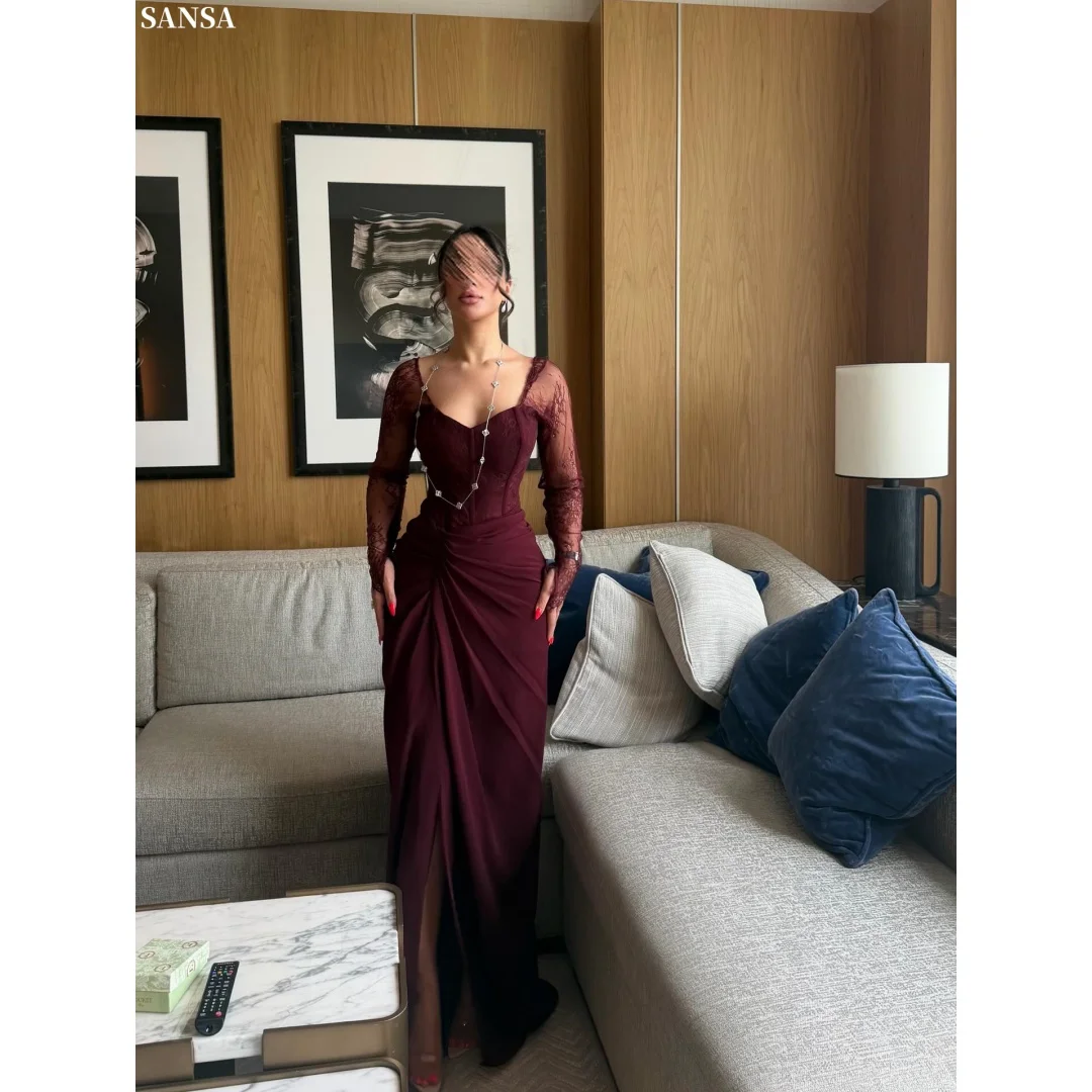 

Sansa Customized Luxury Burgundy Sweetheart Neck Lace Long Sleeve Corset Draped Ruched Slit Mermaid Formal Evening Prom Dresses