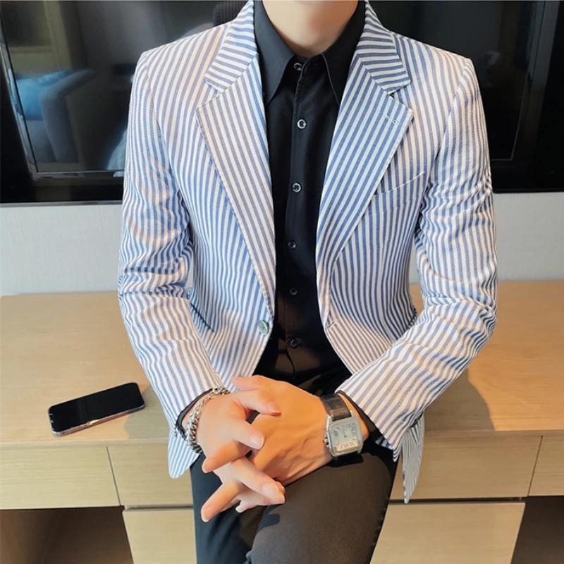 High Quality Autumn Striped Suit Jacket for Men Fashion Slim Fit Casual Business Blazers Masculino Wedding Social Men Clothing