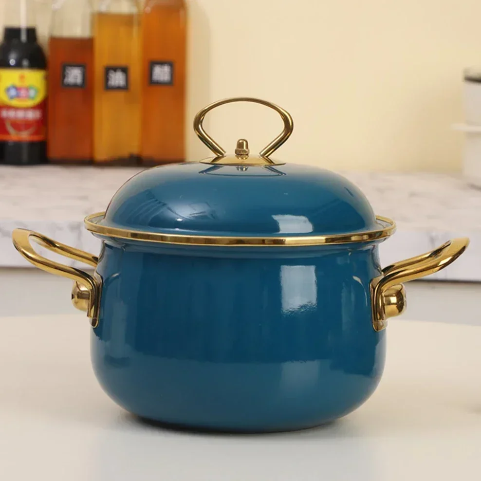 Olla de esmalte de pavo con 2 orejas de porcelana gruesa esmaltada, olla para sopa, estofado, sopa, fideos hervidos, azul, verde, borde dorado, olla guisada