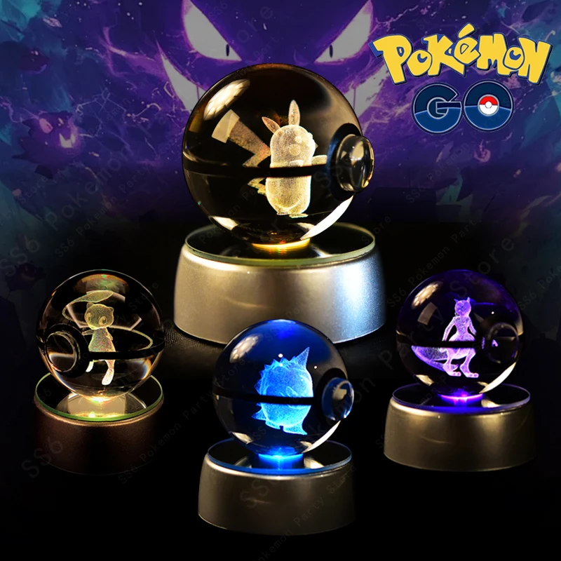 

7CM 3D Pokemon Crystal Ball Mewtwo Pikachu Crystal Glass Pokemon Ball Pokeball Gengar Figure Night Light LED Lamp Base Gift Toy