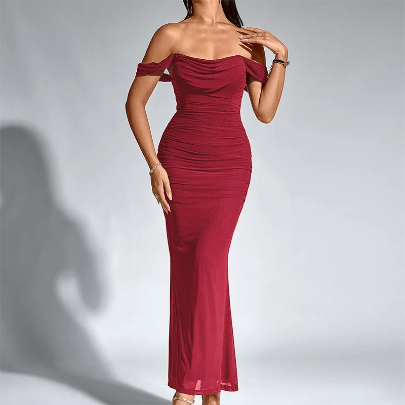 

Fishbone Mesh Pleated Dress, European and American Sexy Backless One Shoulder Tight Fitting Hip Hugging Jumpsuit, Long Skirt