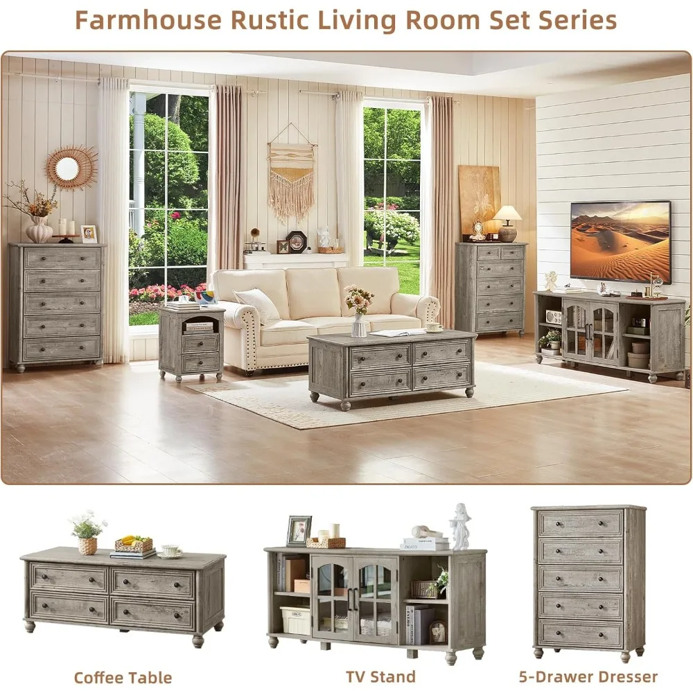 48" Farmhouse Coffee Table with Hidden Storage,Wooden Coffee Tables with 4 Drawers & Roman Column Handle,Rectangular Rustic Cent