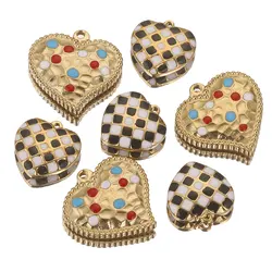 5pcs/lot Stainless Steel Black White Enamel Pixel Check Heart Charms for DIY Earrings Necklace Jewelry Making Pendant Supplies