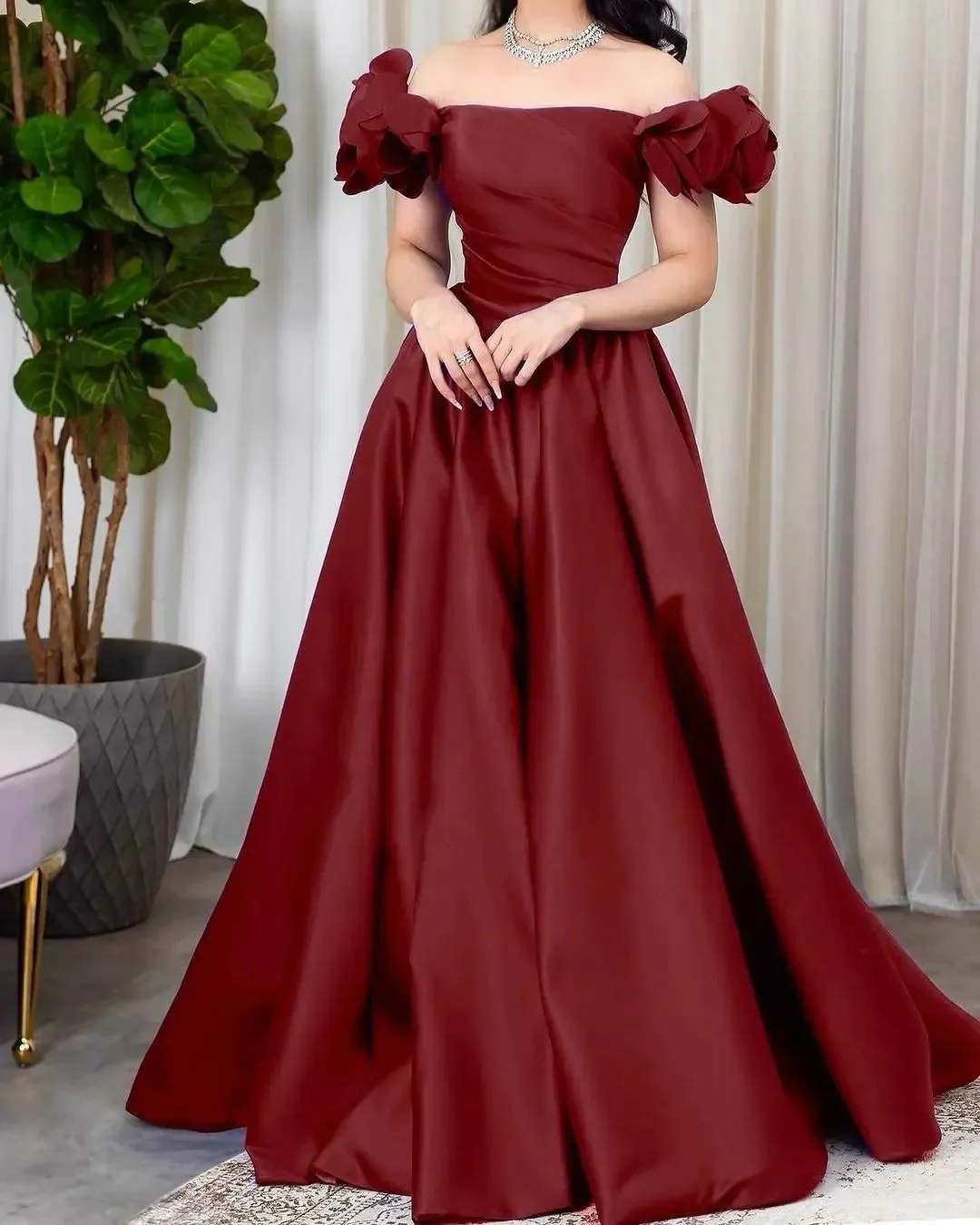 

Customized Burgundy Prom Dresses A Line Flower Off Shoulder Evening Dress Floor Length Formal Long Special Occasion Party Dress