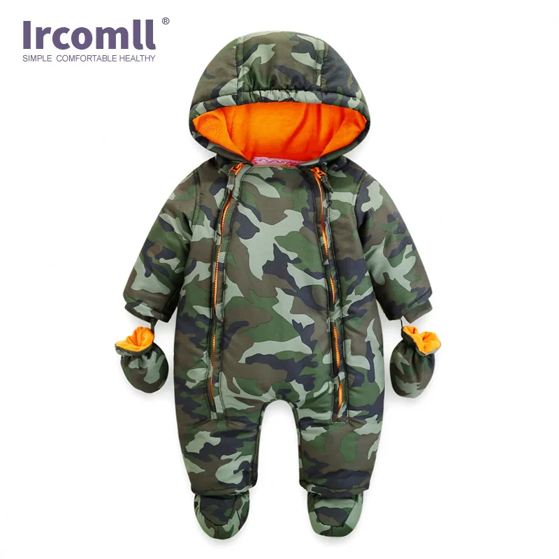 Ircomll 2024 Newborn Baby Rompers Winter Thick warm Kid Baby Girls Boys Infant Clothing Camo Flower Hooded Jumpsuit Kids Outwear