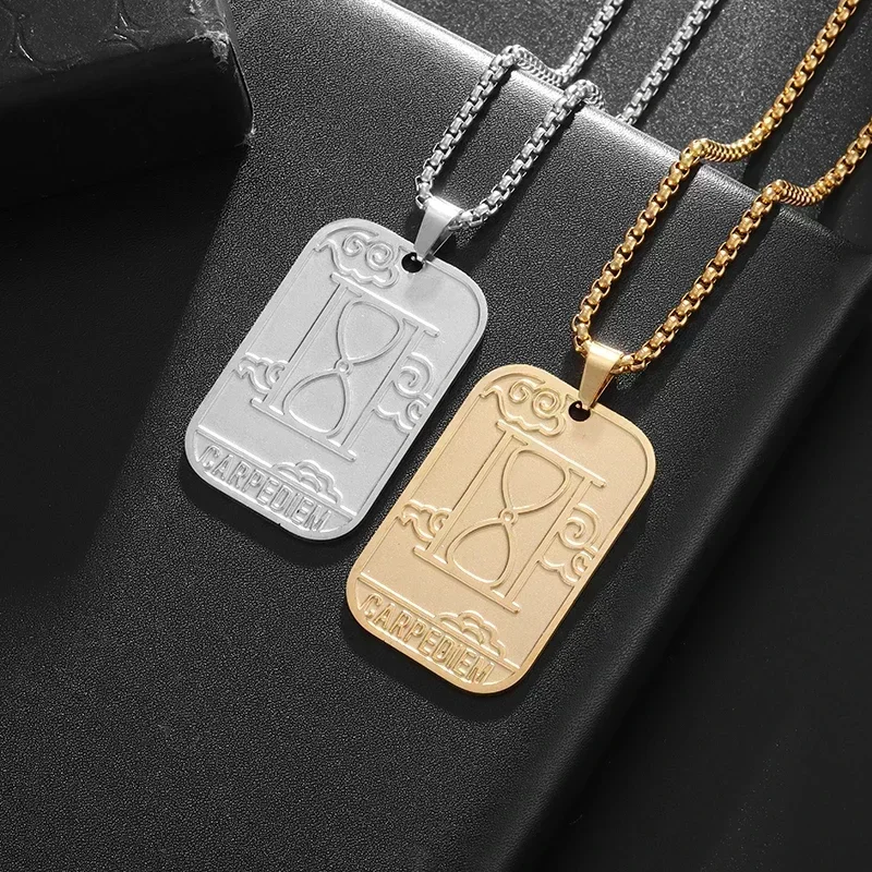 Creative Engraved Hourglass Square Pendant Necklace Stainless Steel Men's and Women's Personalized Fashion Time Anniversary Gift