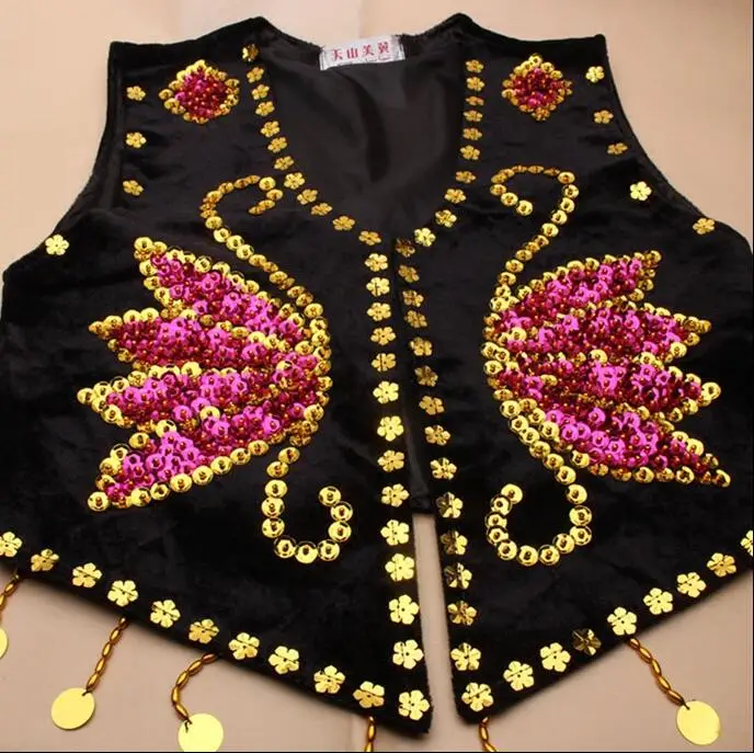 

Chinese Xinjiang Dance Vest Uighur Women Tops Sequin Shiny Stage Tradition Folk Black