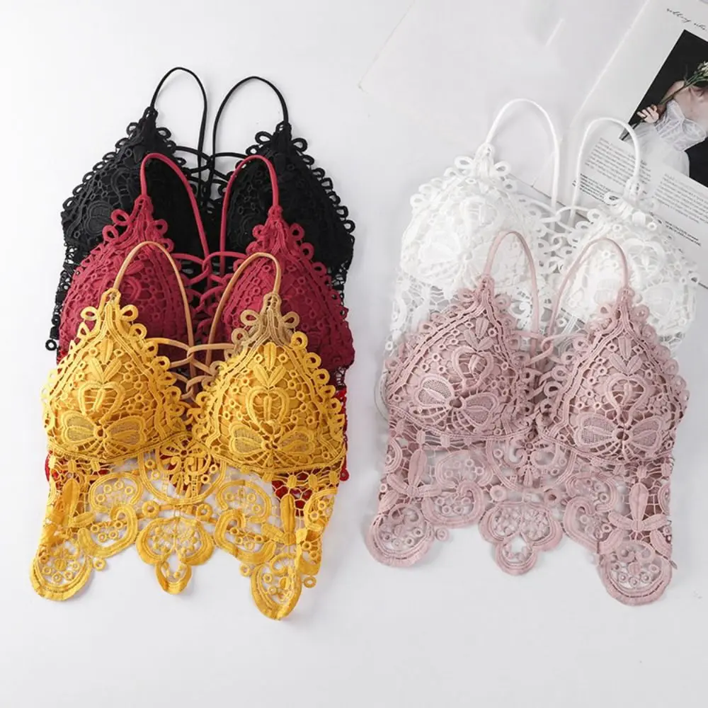 

Ins style Vest Bohemian Style Camisole Hollow Out Sleeveless Lace Wireless Bra Crop Top Lingerie Underwear for Women Party