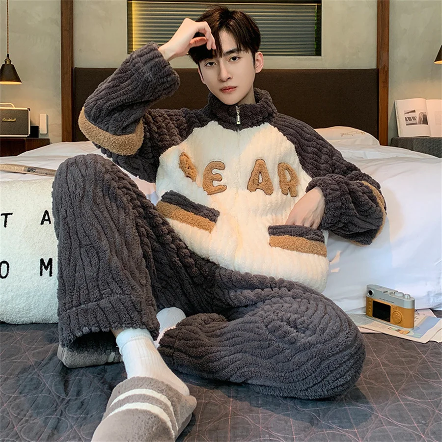 Men\'s Winter Sleepwear for Sleeping Men Warm Pajamas Set 2 Piece Thick Homewear Coral Fleece Nightwear Stand Collar Pajama