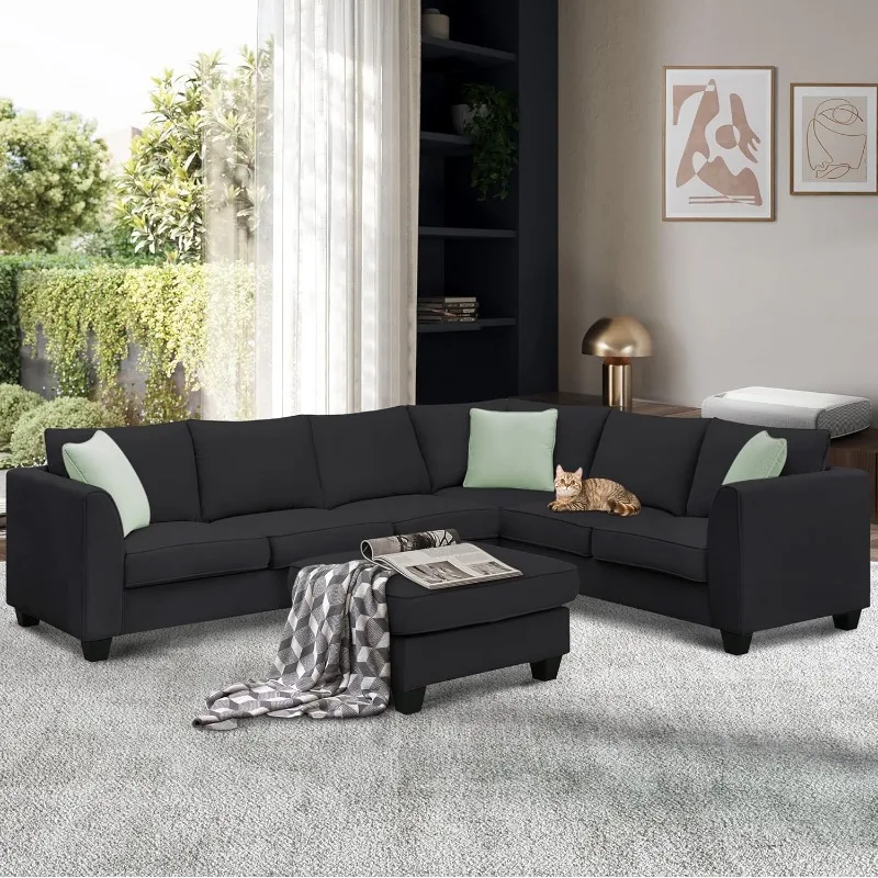 Modern Large U-Shape Sectional Sofa, 7 Seat Fabric Sectional Sofa Set with Movable Ottoman, L Shape Sectional Sofa Corner